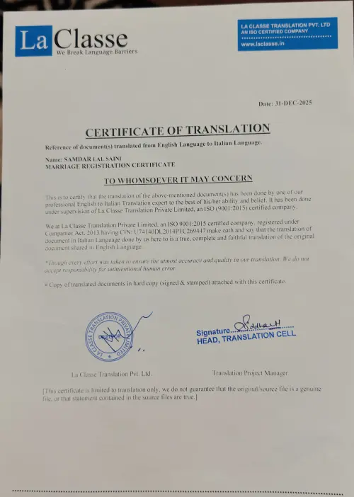 Certificate of Translation English to Italian
